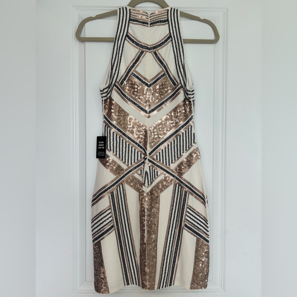Sequin Geometric Halter Dress in Cream and Rose Gold